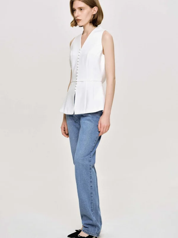 Source Unknown Tops-Flared Button Vest, White