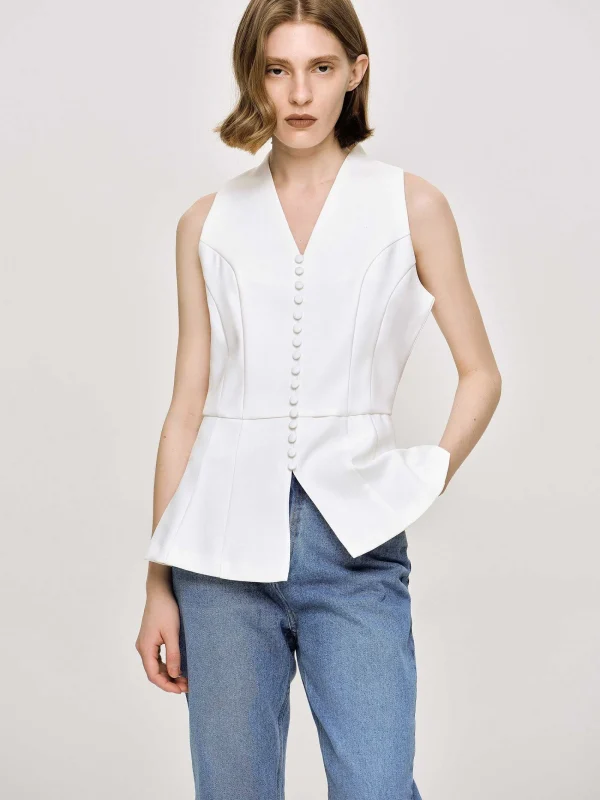 Source Unknown Clothing-Flared Button Vest, White