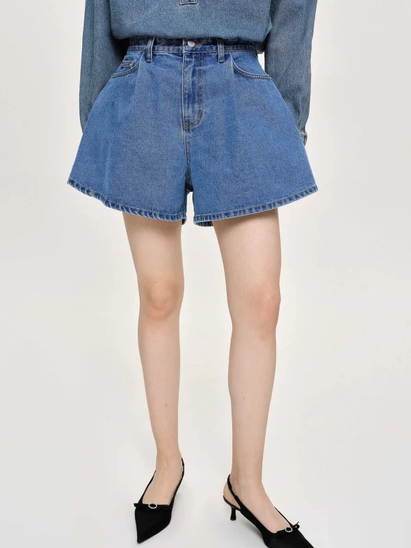 Source Unknown Clothing-Flared Denim Shorts, Medium Blue