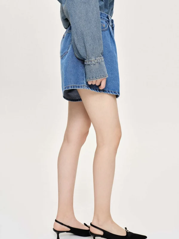 Source Unknown Clothing-Flared Denim Shorts, Medium Blue