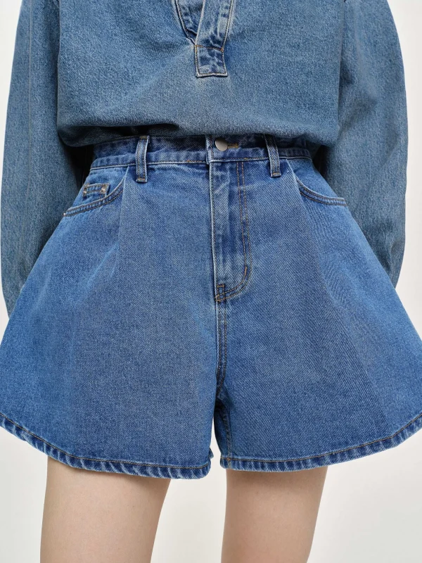 Source Unknown Clothing-Flared Denim Shorts, Medium Blue