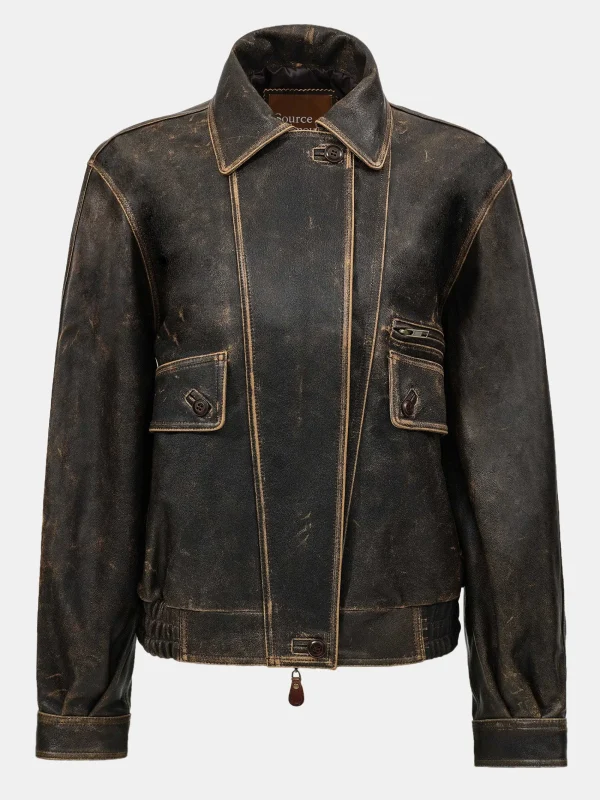 Source Unknown Accessories-Geva Faded Lambskin Bomber Jacket, Brown