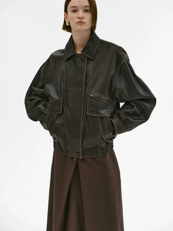 Source Unknown Accessories-Geva Faded Lambskin Bomber Jacket, Brown