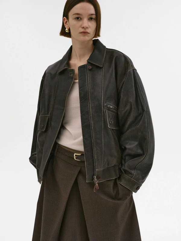 Source Unknown Accessories-Geva Faded Lambskin Bomber Jacket, Brown