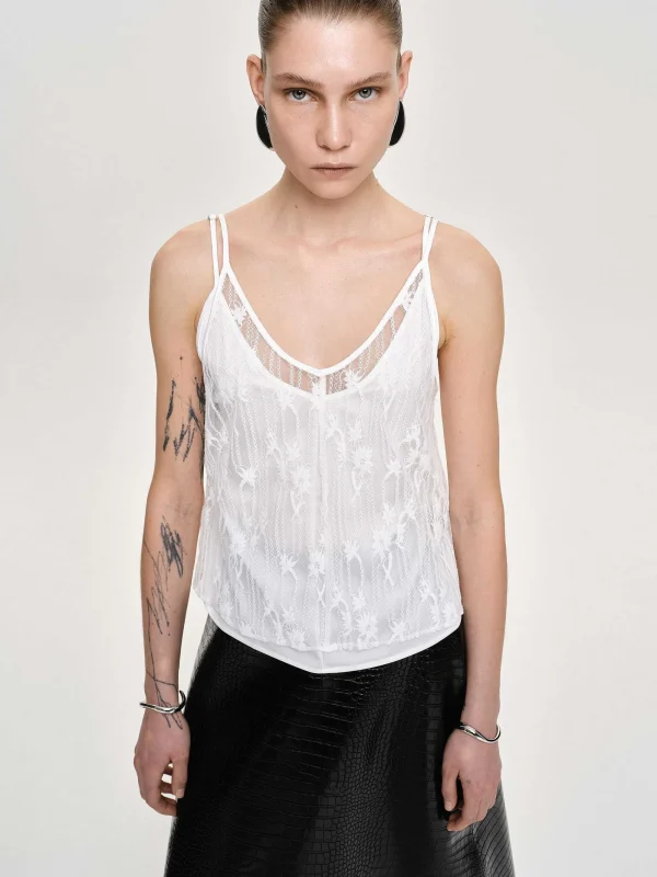 Source Unknown Tops-Intersia Floral Tank Top, White