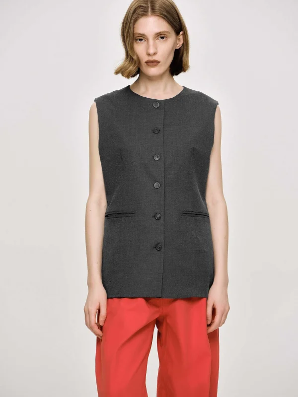 Source Unknown Clothing-Long Button Vest, Charcoal Melange