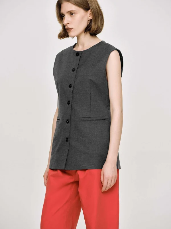 Source Unknown Clothing-Long Button Vest, Charcoal Melange