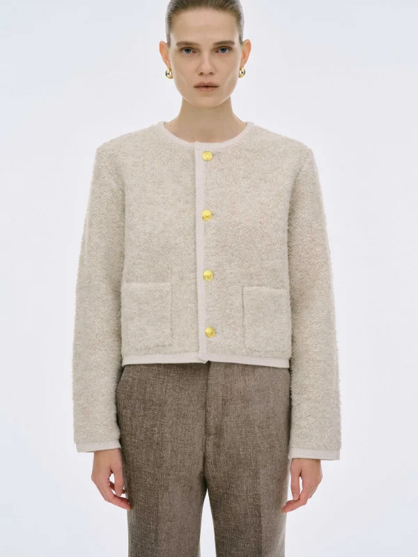 Source Unknown Knitwear-Mogador Shearing Wool Cardigan, Beige Melange