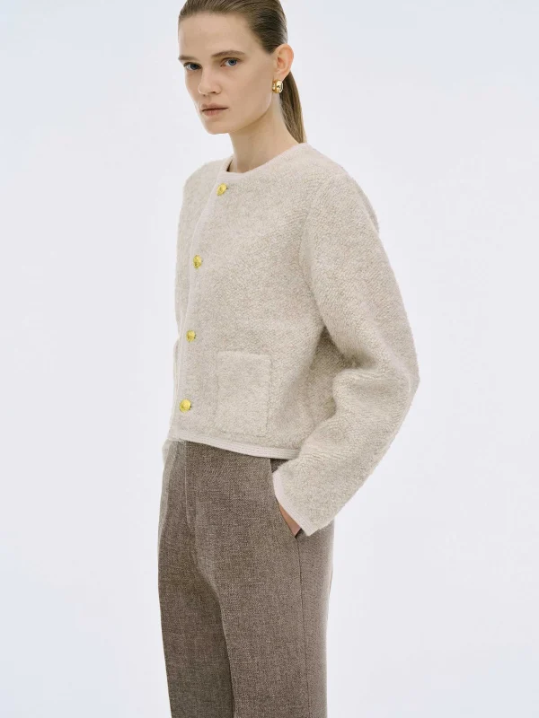 Source Unknown Knitwear-Mogador Shearing Wool Cardigan, Beige Melange