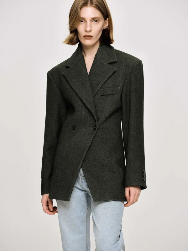 Source Unknown Clothing-Nangy Double Breasted Cinched Blazer, Charcoal Grey