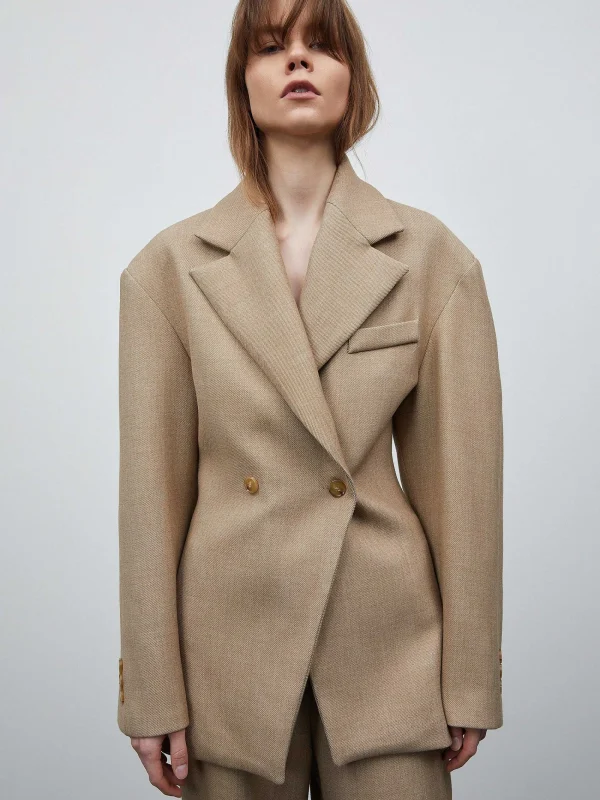 Source Unknown Clothing-Nangy Double Breasted Cinched Blazer, Tan Beige