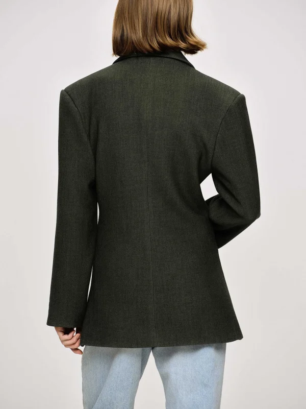 Source Unknown Outerwear-Nangy Double Breasted Cinched Blazer, Charcoal Grey