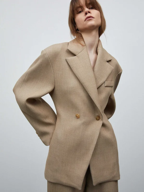 Source Unknown Outerwear-Nangy Double Breasted Cinched Blazer, Tan Beige