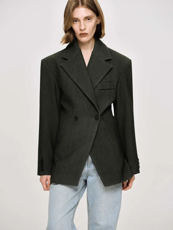 Source Unknown Outerwear-Nangy Double Breasted Cinched Blazer, Charcoal Grey