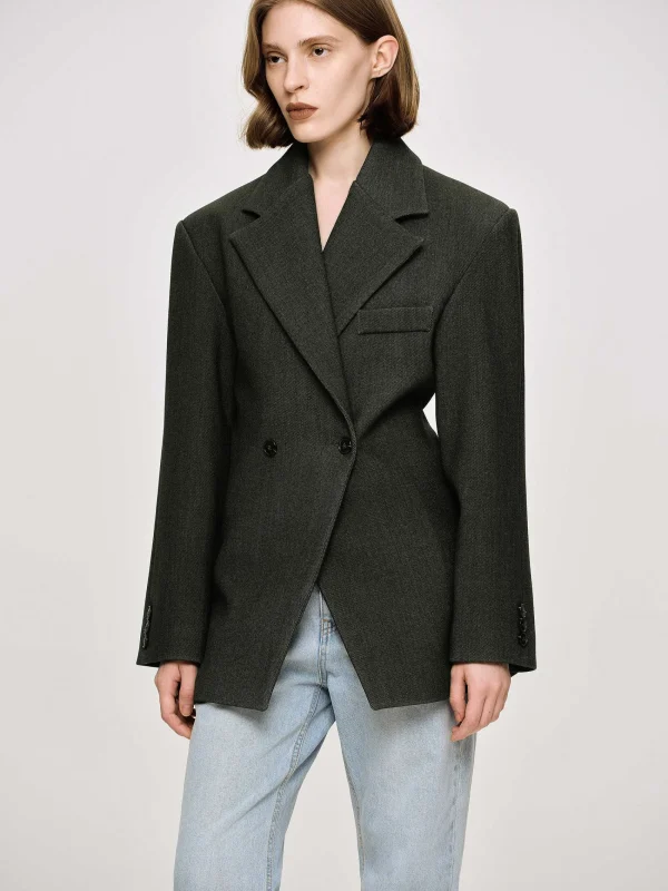 Source Unknown Outerwear-Nangy Double Breasted Cinched Blazer, Charcoal Grey