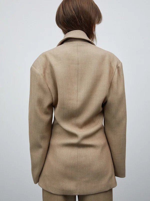 Source Unknown Clothing-Nangy Double Breasted Cinched Blazer, Tan Beige