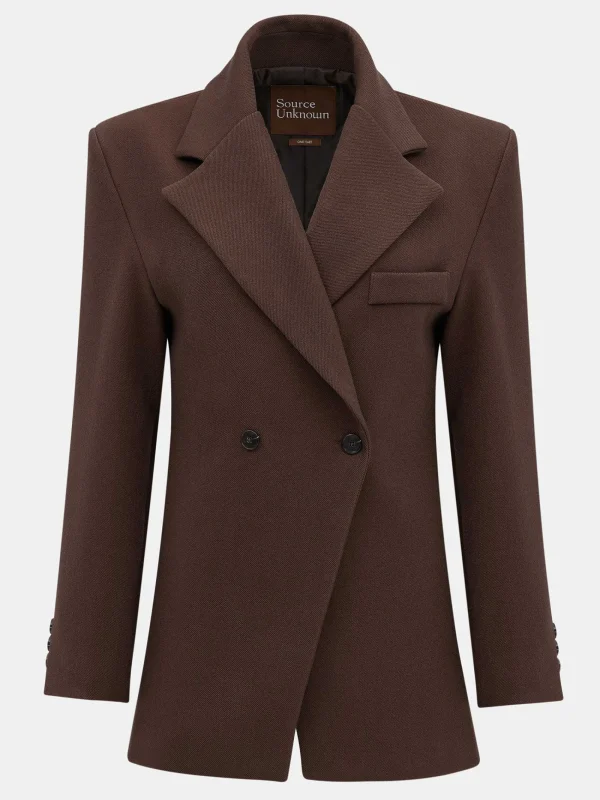 Source Unknown Outerwear-Nangy Double Breasted Cinched Blazer, Pecan