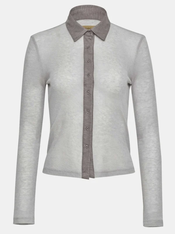 Source Unknown Clothing-Pietro Semi-Sheer Collar Top, Taupe Brown