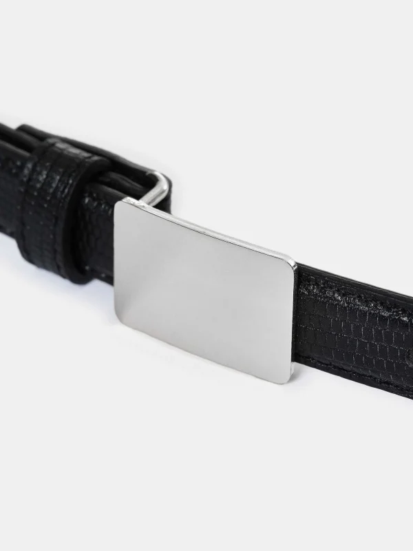 Source Unknown Clothing-Plate Buckle Croc-Effect Belt, Silver