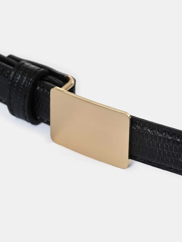 Source Unknown Clothing-Plate Buckle Croc-Effect Belt, Gold