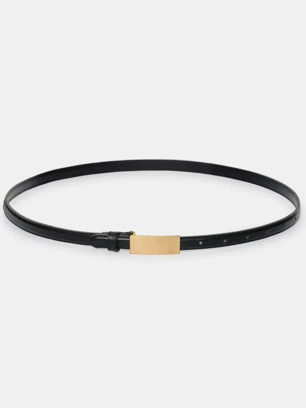 Source Unknown Clothing-Plate Buckle Leather Belt, Black