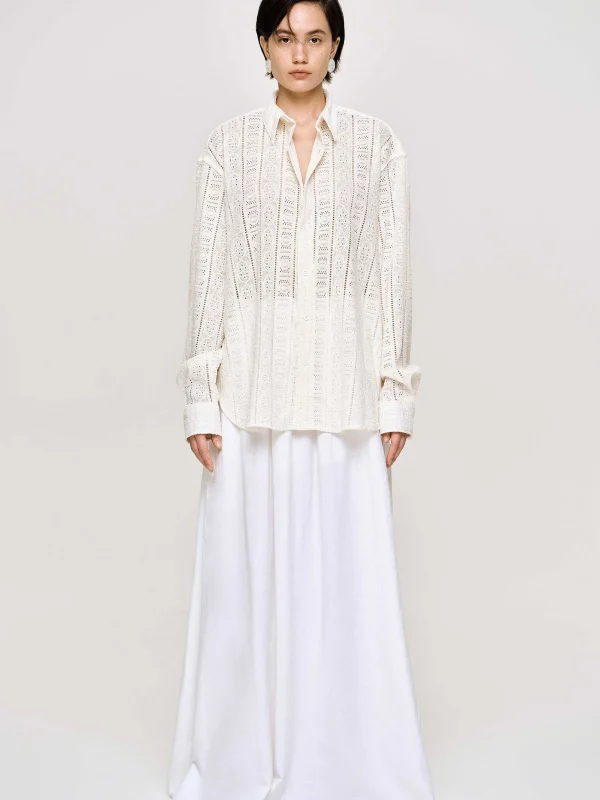 Source Unknown Accessories-Pointelle Oversized Button Down Shirt, Ivory