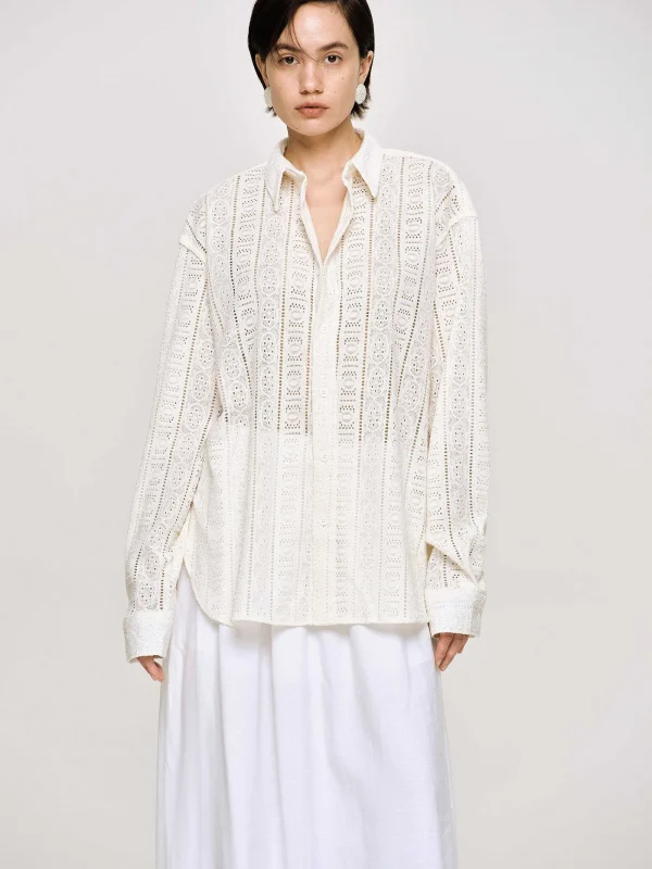 Source Unknown Accessories-Pointelle Oversized Button Down Shirt, Ivory