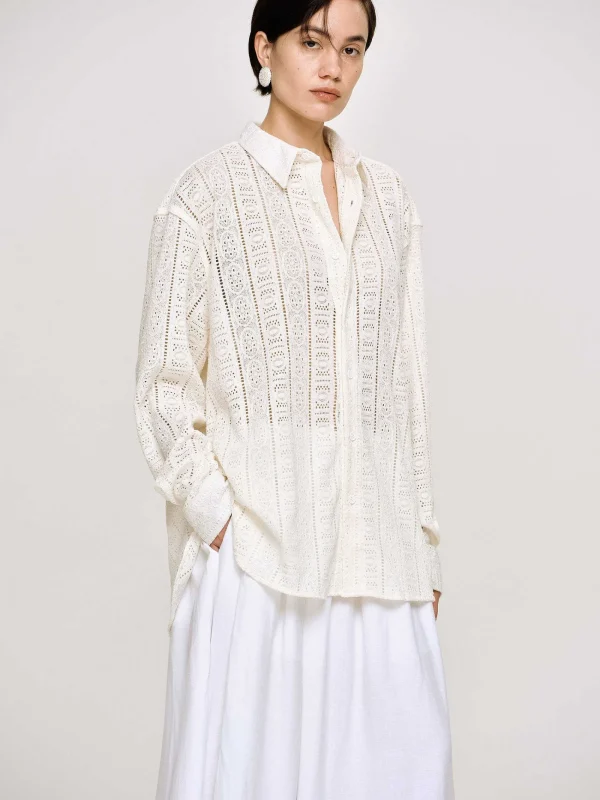 Source Unknown Accessories-Pointelle Oversized Button Down Shirt, Ivory