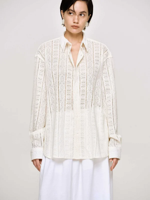 Source Unknown Accessories-Pointelle Oversized Button Down Shirt, Ivory