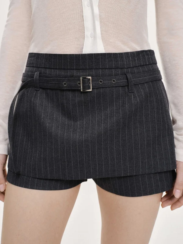 Source Unknown Clothing-Rioni Belted Mini Skort, Charcoal Stripe