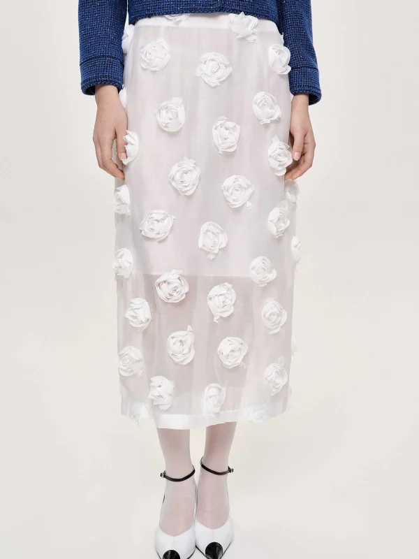 Source Unknown Clothing-Rose Applique Midi Skirt, White