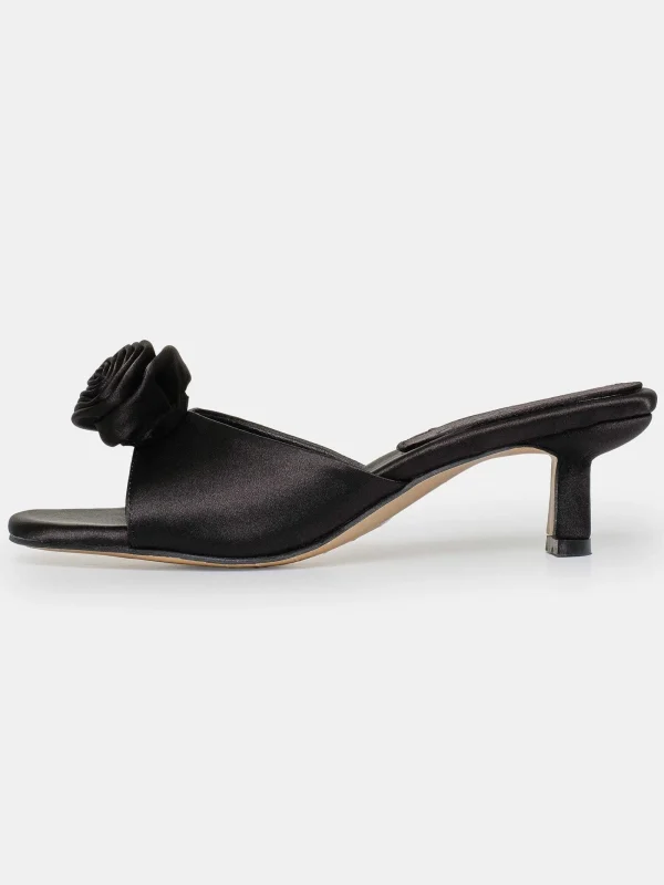 Source Unknown Shoes & Bags-Rose Applique Satin Mules, Black