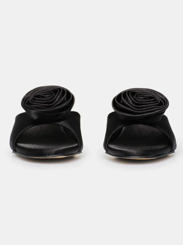 Source Unknown Shoes & Bags-Rose Applique Satin Mules, Black