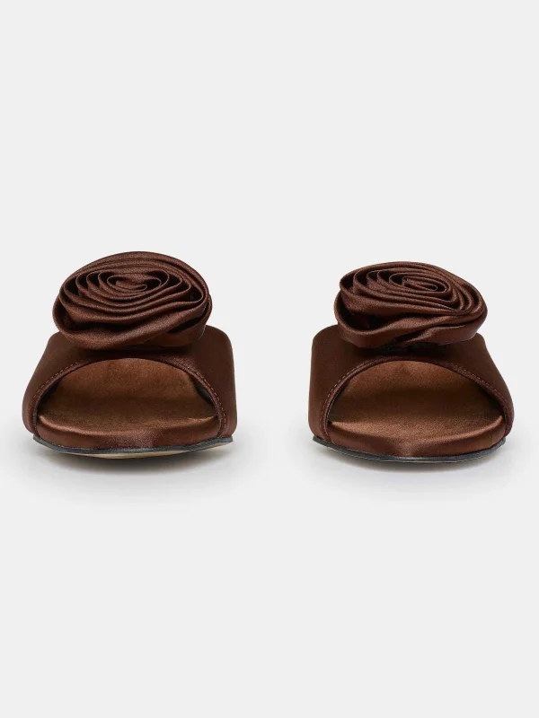 Source Unknown Shoes & Bags-Rose Applique Satin Mules, Chocolate