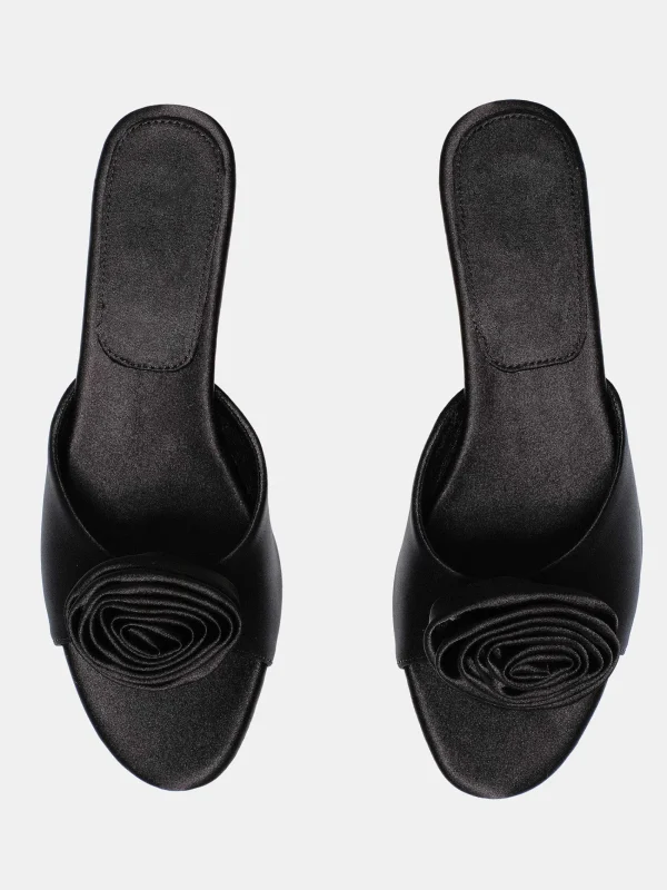 Source Unknown Shoes & Bags-Rose Applique Satin Mules, Black