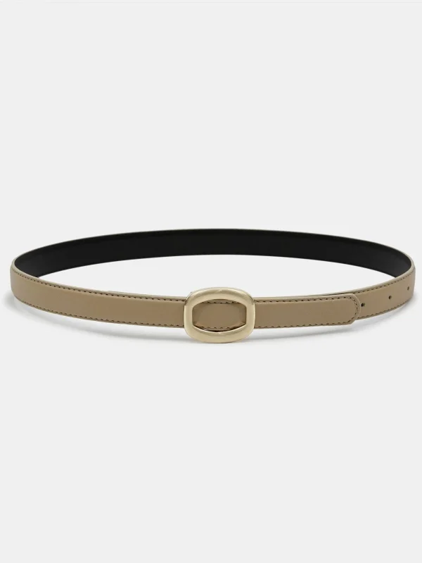 Source Unknown Clothing-Round Hexagon Leather Belt, Beige/Gold