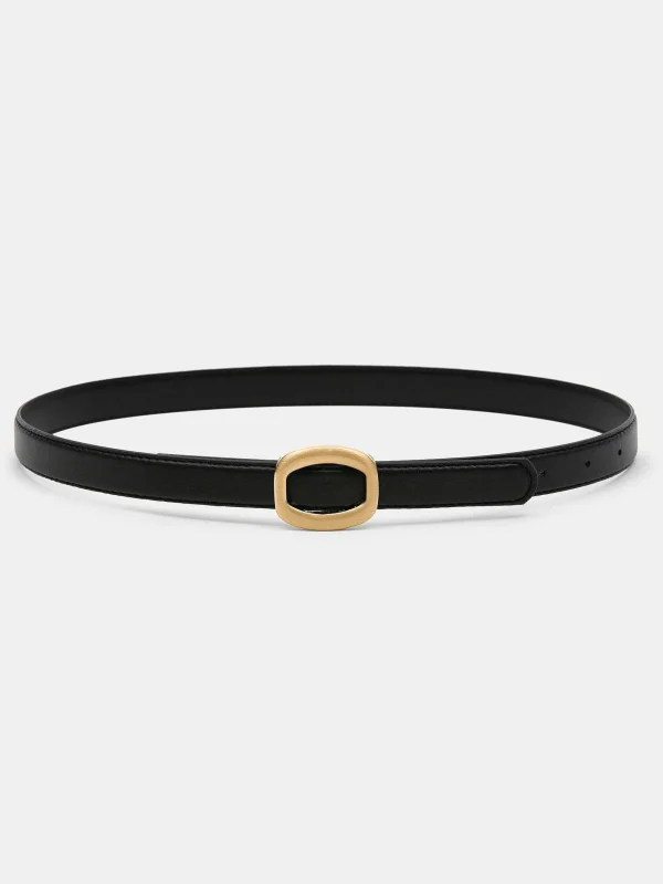 Source Unknown Accessories-Round Hexagon Leather Belt, Black/Gold