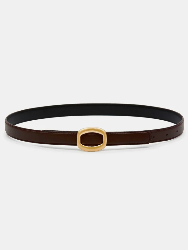 Source Unknown Clothing-Round Hexagon Leather Belt, Brown/Gold