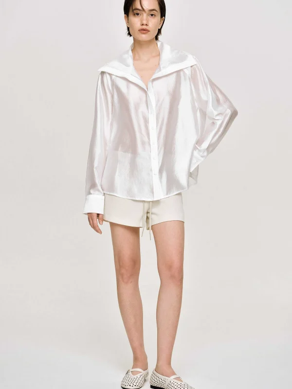 Source Unknown Tops-Sailor Collar Sheer Shirt, White