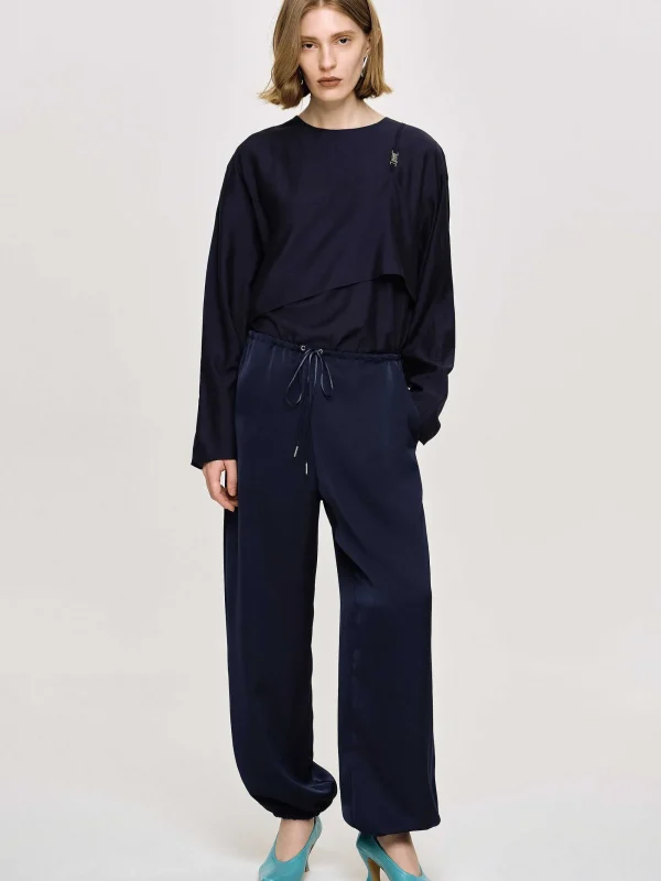 Source Unknown Clothing-Satin Jogger Pants, Navy