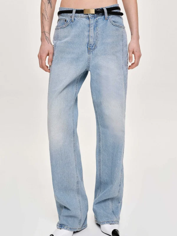 Source Unknown Clothing-Side Paneled Straight Jeans, Light Washed Blue