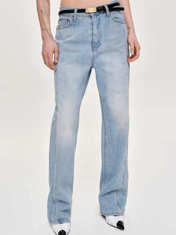 Source Unknown Clothing-Side Paneled Straight Jeans, Light Washed Blue