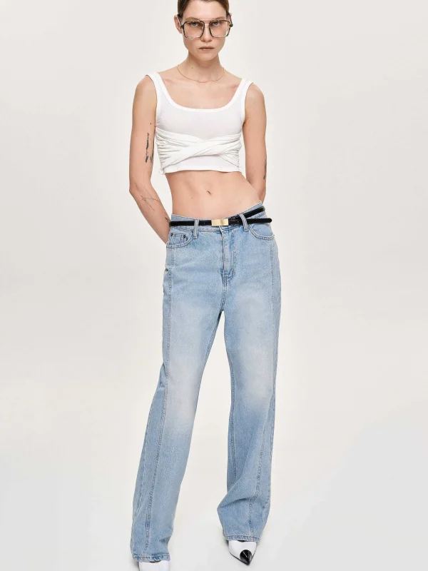 Source Unknown Clothing-Side Paneled Straight Jeans, Light Washed Blue