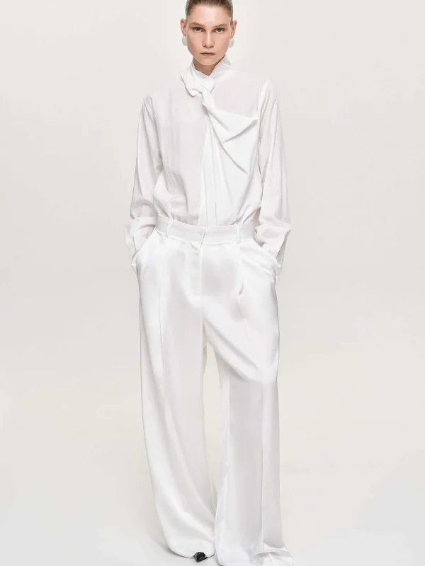 Source Unknown Clothing-Taiamo Fluid Satin Trousers, White