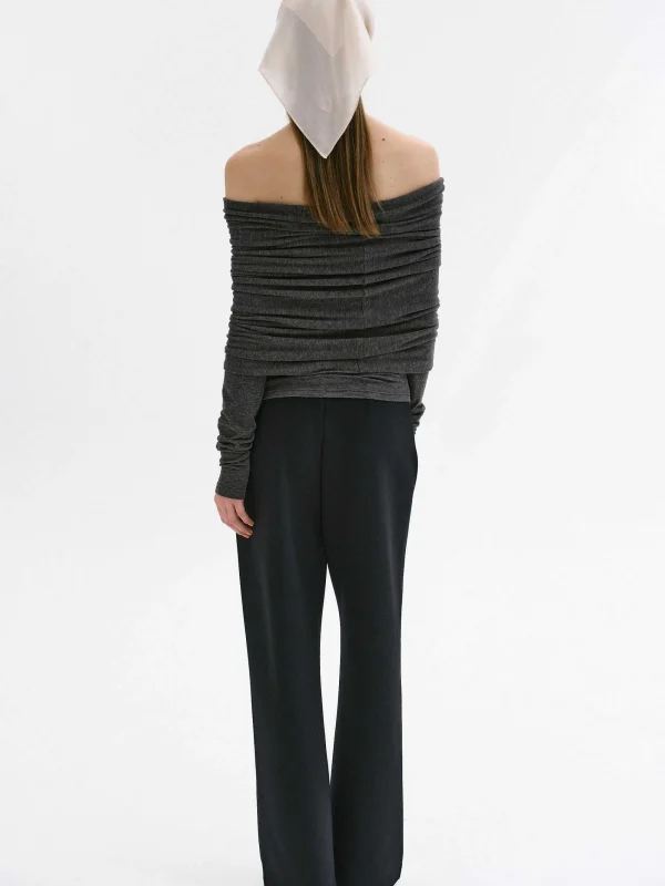 Source Unknown Accessories-Tova Off Shoulder Knit, Dark Grey Melange