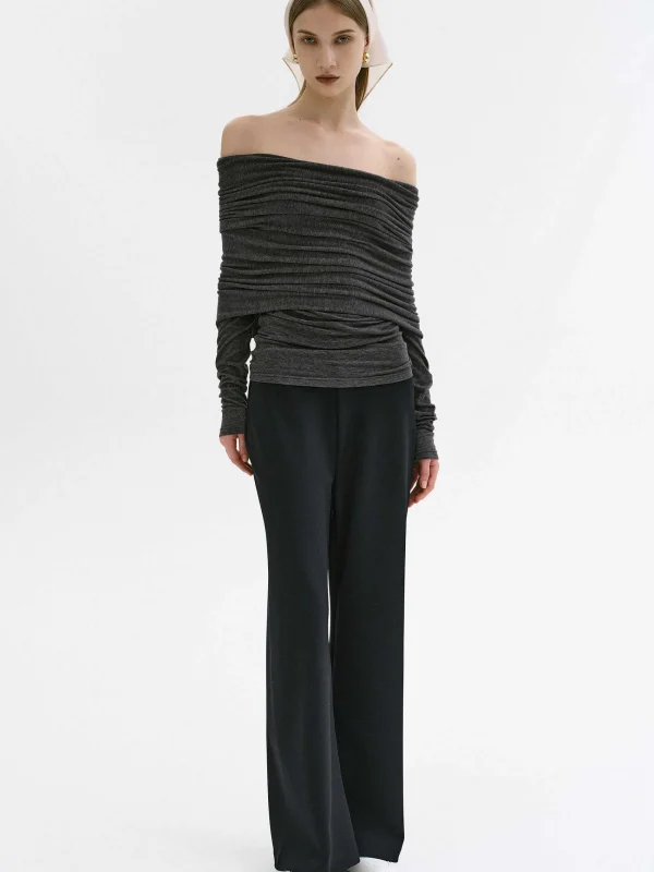 Source Unknown Accessories-Tova Off Shoulder Knit, Dark Grey Melange