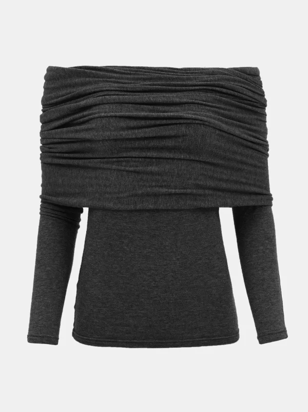 Source Unknown Accessories-Tova Off Shoulder Knit, Dark Grey Melange