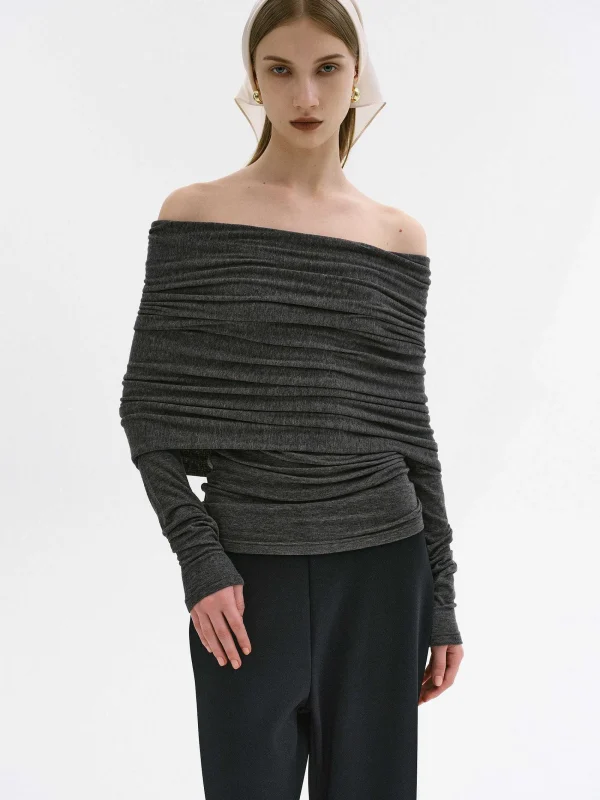 Source Unknown Accessories-Tova Off Shoulder Knit, Dark Grey Melange