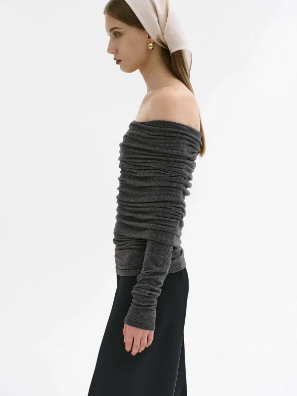 Source Unknown Accessories-Tova Off Shoulder Knit, Dark Grey Melange