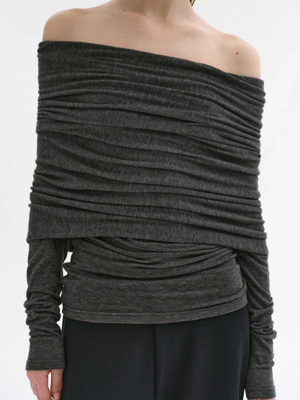 Source Unknown Accessories-Tova Off Shoulder Knit, Dark Grey Melange